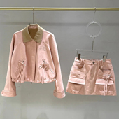 新款 深圳南油高端女装 2026春季 粉色甜美风翻领外套半身裙两件套女