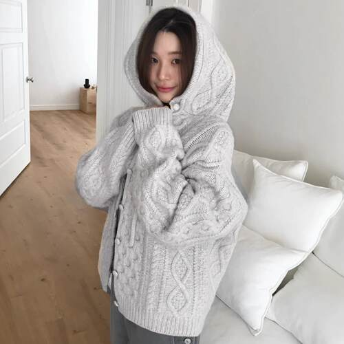 韩系小众连帽针织开衫毛衣外套