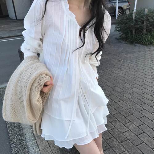 韩系女装韩国东大门春季新款木耳边领压褶衬衫+双层短裙套装