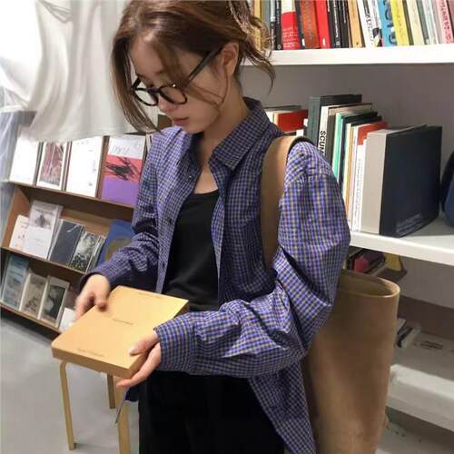 韩系miu系复古格子宽松衬衫