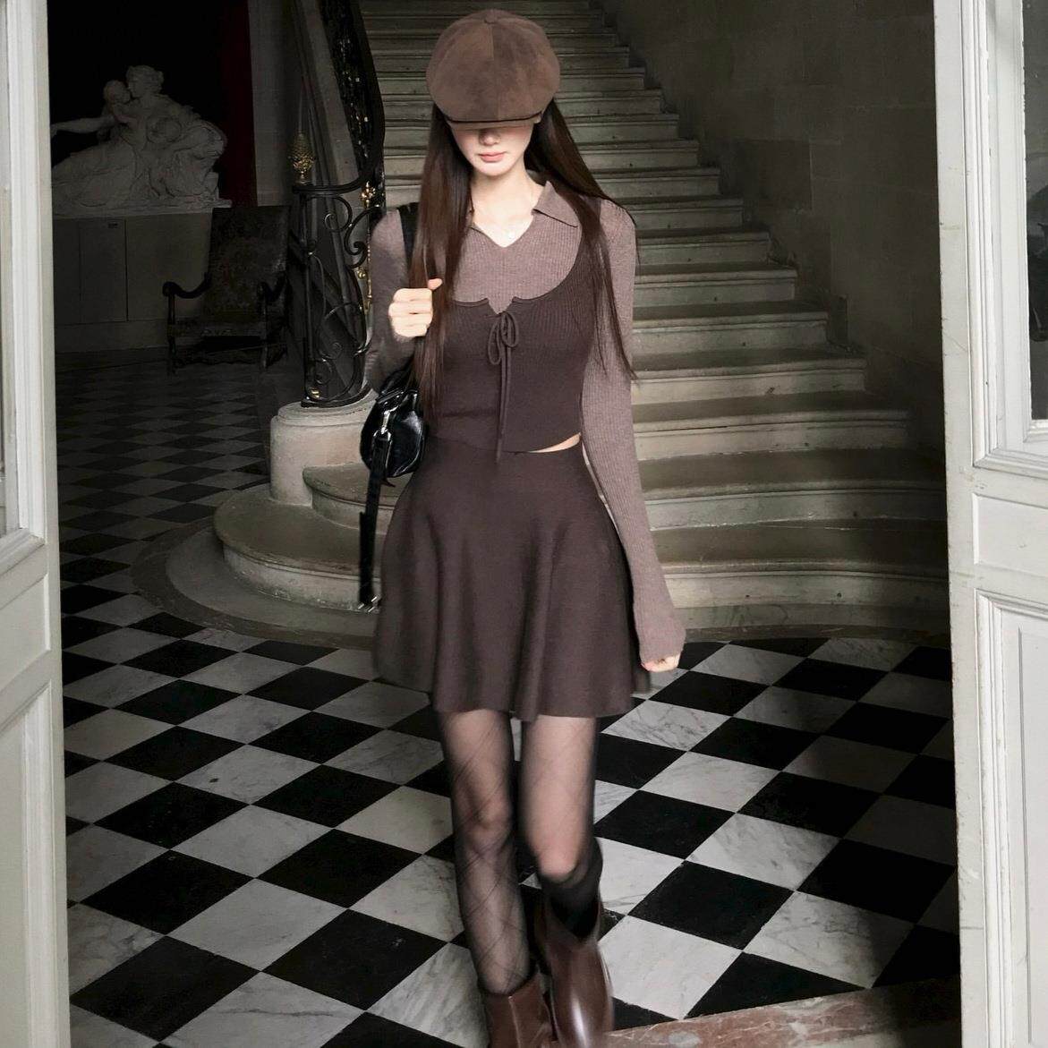 现货 韩系女装韩国东大门秋季新款假两件叠穿系带背心长袖针织衫