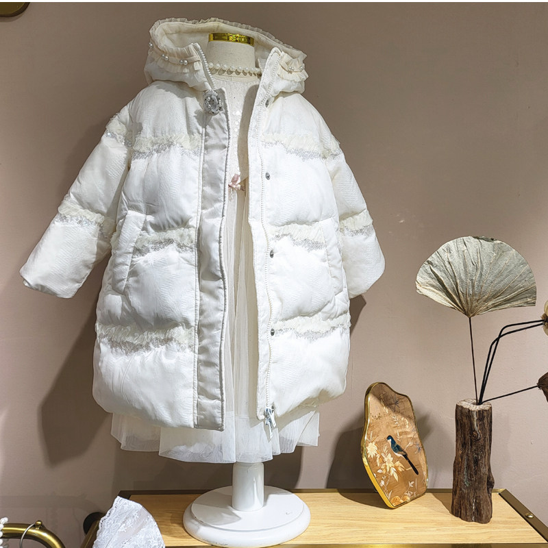 专柜儿童高端中长款珍珠连帽羽绒服中大女童亮片双层纱外套鸭绒衣