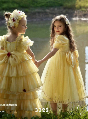 正品欧美儿童夏季公主裙黄色女童连衣裙女孩分体裙花童背带蛋糕裙
