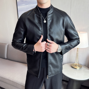 皮衣男士外套春秋季欧美风棒球领机车服PU皮夹克男皮衣 PY6805P65图片
