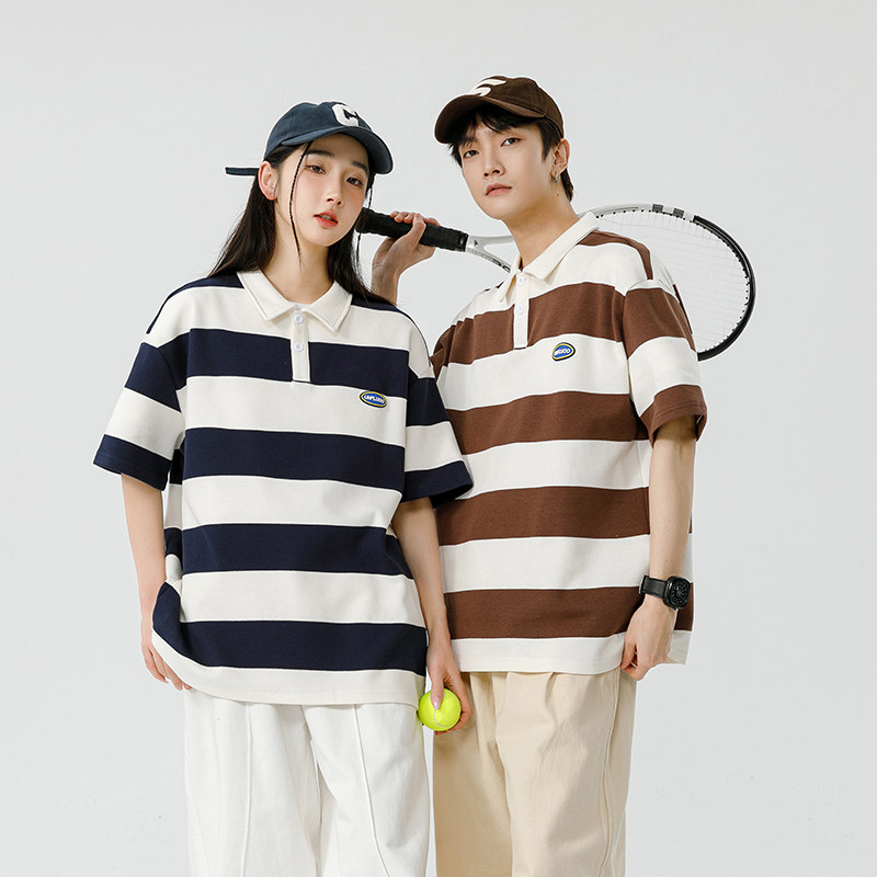 男夏季宽松服潮牌条纹港风双珠地棉短袖T恤翻领POLO衫PL2361P40,男装Polo衫,星座1410（原1902A）