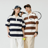 男夏季宽松服潮牌条纹港风双珠地棉短袖T恤翻领POLO衫PL2361P40，男装Polo衫，星座1410（原1902A）