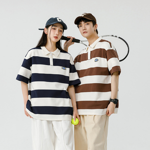 男夏季宽松服潮牌条纹港风双珠地棉短袖T恤翻领POLO衫 PL2361P40图片