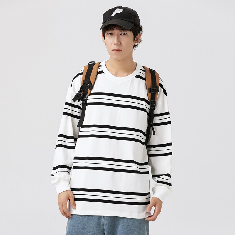 春秋新款港风宽松服条纹二开情侣圆领T恤男女纯棉卫衣男WY2396P50,男装T恤,星座1410（原1902A）