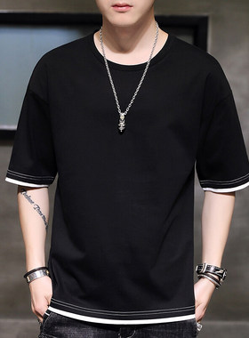 2024新款韩宽松短袖t恤男士半袖纯棉加肥假两件学生T恤DT1001-P18