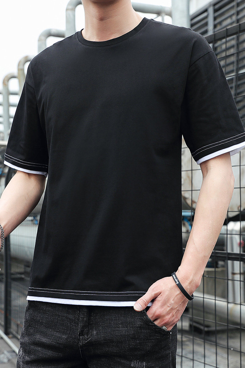 新款韩宽松短袖t恤夏男士半袖纯棉假两件T恤DT1001-纯色-P18,男装T恤,星座1410（原1902A）