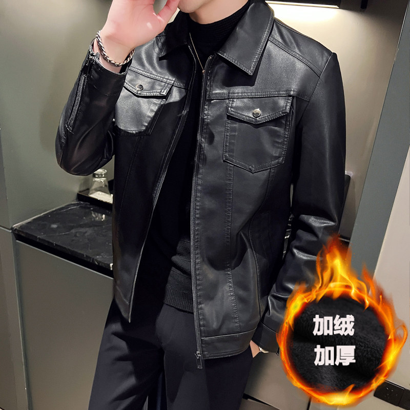 跨境外贸男士外套春秋皮衣夹克男装PU皮机车服皮衣 PY901加绒P75图片