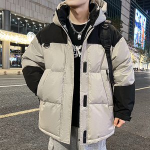 新款男士羽绒服短款连帽拼接潮宽松情侣厚冬季上衣外套 YR1021P70图片