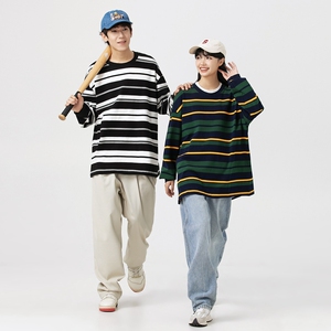 春秋新款潮牌条纹可二开情侣港风圆领T恤男女纯棉卫衣男WY2398P50