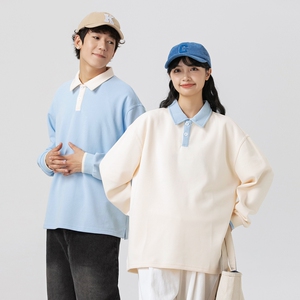 情侣装春秋条纹情侣港风双珠地棉卫衣男女翻领POLO衫 WY2389P48图片