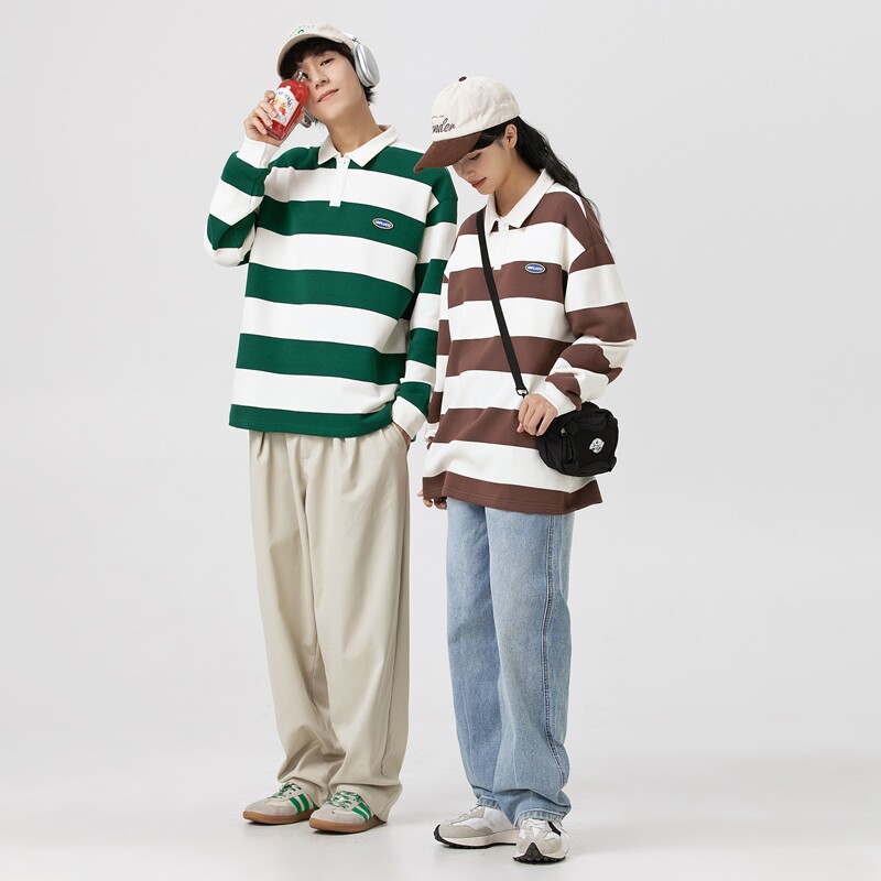 男女春秋新款潮牌条纹情侣港风双珠地棉卫衣翻领POLO衫 WY2381P48