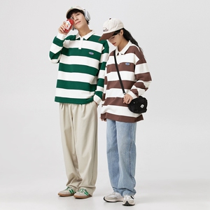 男女春秋新款潮牌条纹情侣港风双珠地棉卫衣翻领POLO衫 WY2381P48图片