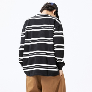春秋新款港风宽松服条纹二开情侣圆领T恤男女纯棉卫衣男WY2396P50图片
