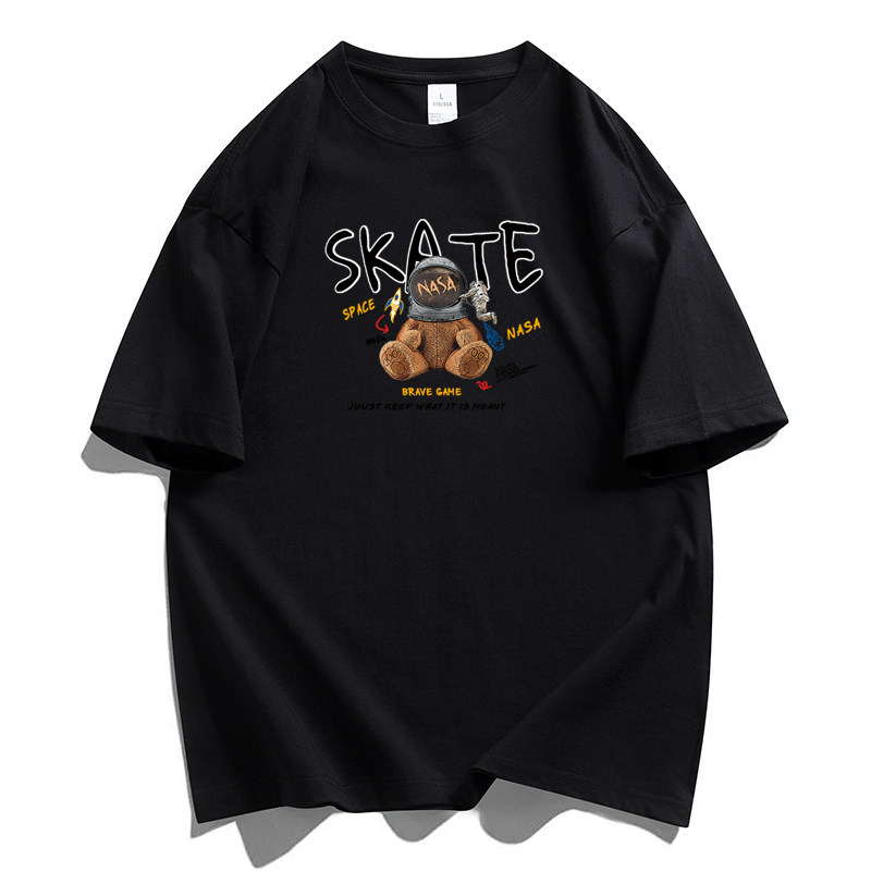 纯棉男士短袖t恤宽松落肩港风半袖情侣T男大码DT-NS25SKATE熊P20,男装T恤,星座1410（原1902A）