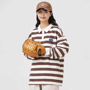 男女春秋新款潮牌条纹情侣港风双珠地棉卫衣翻领POLO衫 WY2383P48图片