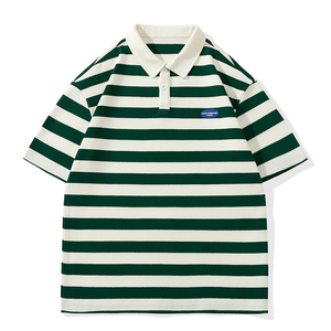 男夏季宽松服潮牌条纹港风双珠地棉短袖T恤翻领POLO衫 PL2363P40图片