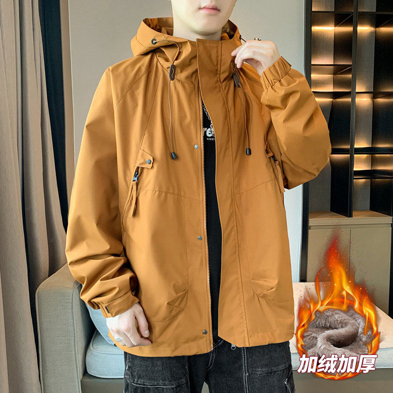 男士加绒防水夹克秋冬美宽松情侣纯色大口袋连帽防水夹克AJ90P60,男装夹克,星座1410（原1902A）