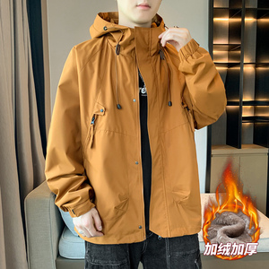 男士加绒防水夹克秋冬美宽松情侣纯色大口袋连帽防水夹克 AJ90P60图片