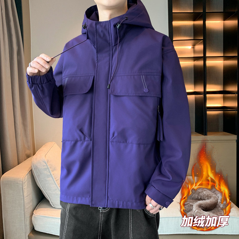 男士加绒防水夹克秋冬情侣连帽口袋多拉链工装防水夹克AJJ233P85,男装夹克,星座1410（原1902A）