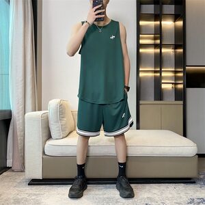 夏季速干无袖背心短裤运动服套装男士大码坎肩T恤五分裤 TZ268P40图片