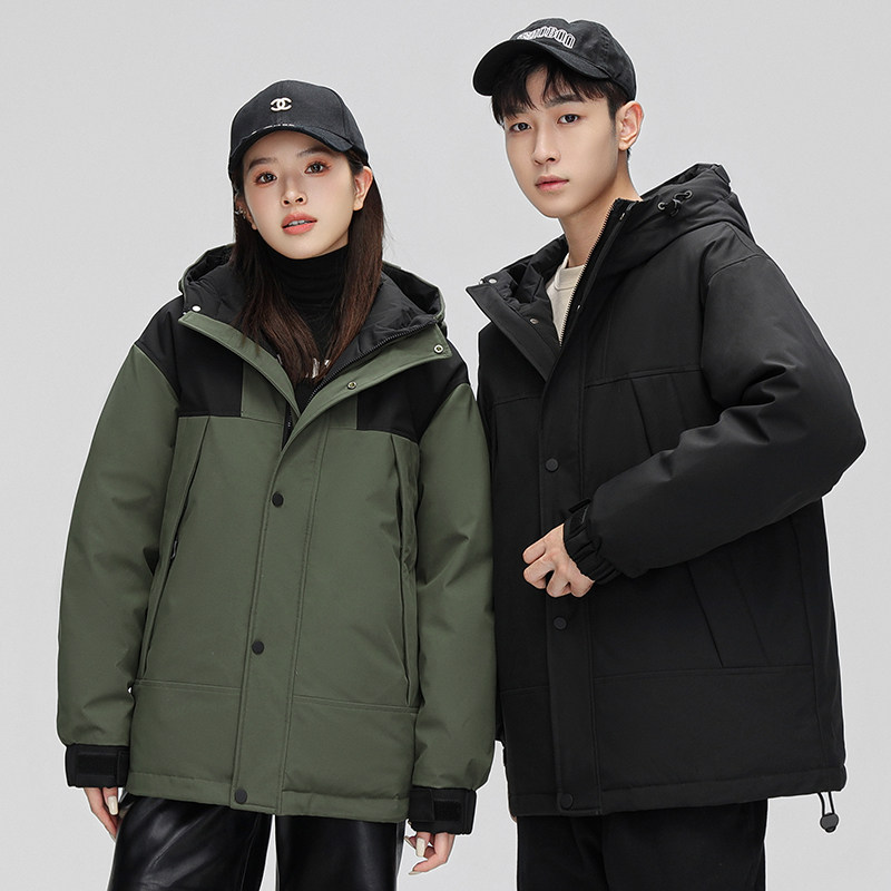 情侣短款90%绒工装风连帽加厚拼色潮流羽绒服YR2320P210图片