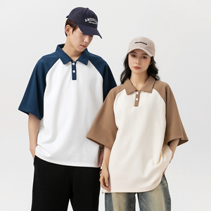 撞色拼色插肩袖POLO衫男没事复古宽松短袖T恤男女学院风PL3361P45图片