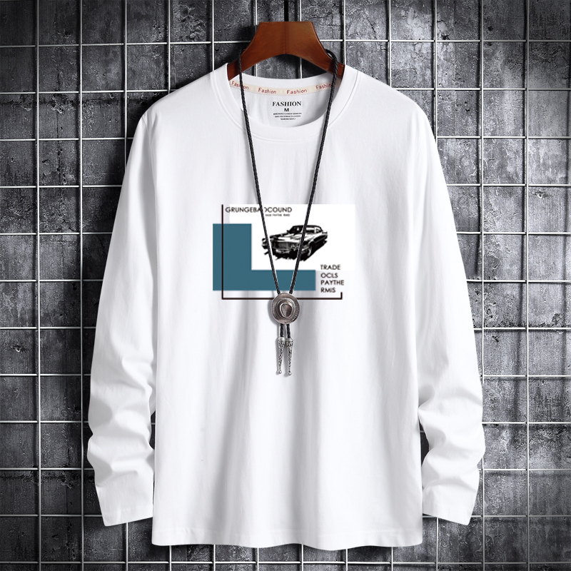 Spring new Korean fashion men's cotton crew neck long sleeve t-shirt men's big size old car