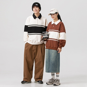 情侣装春秋潮条纹情侣港风双珠地棉卫衣翻领POLO衫男女 WY2386P48图片