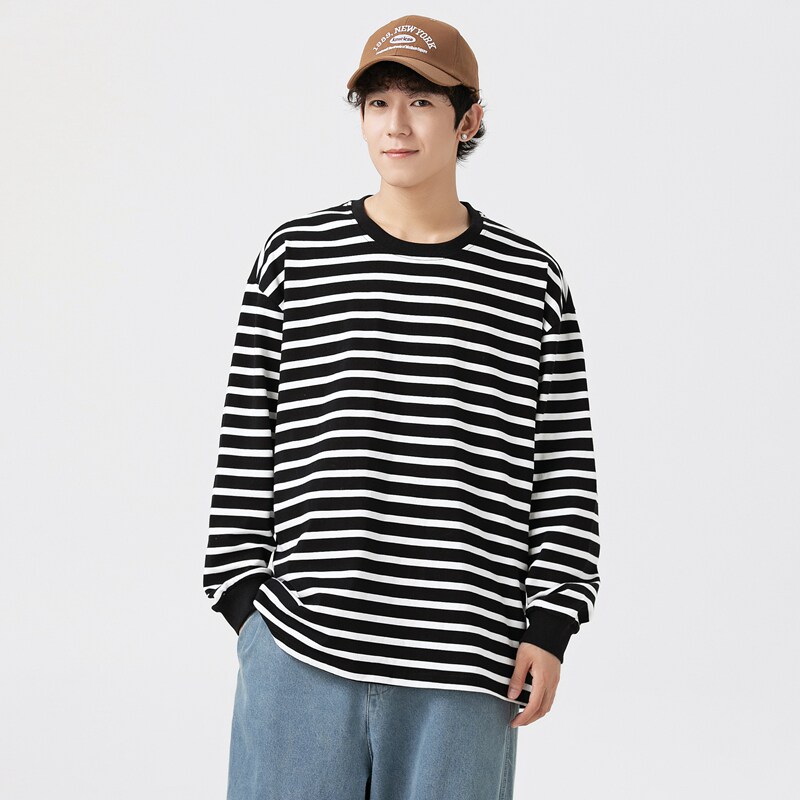 男女春秋新款港风宽松服潮牌条纹二开情侣纯棉圆领卫衣WY2395P50,男装卫衣,星座1410（原1902A）