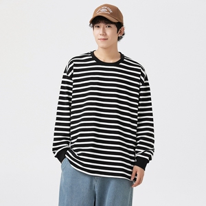 男女春秋新款港风宽松服潮牌条纹二开情侣纯棉圆领卫衣 WY2395P50图片