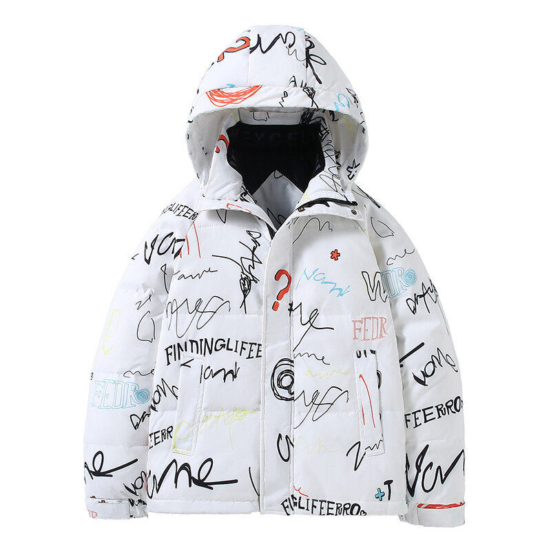 冬印花羽绒服男加厚保暖貉子毛连帽外套情侣涂鸦面包服YR203P130，男装羽绒服，星座1902A（原星座1216）
