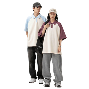 撞色拼色插肩袖POLO衫男没事复古宽松短袖T恤男女学院风PL3361P45图片