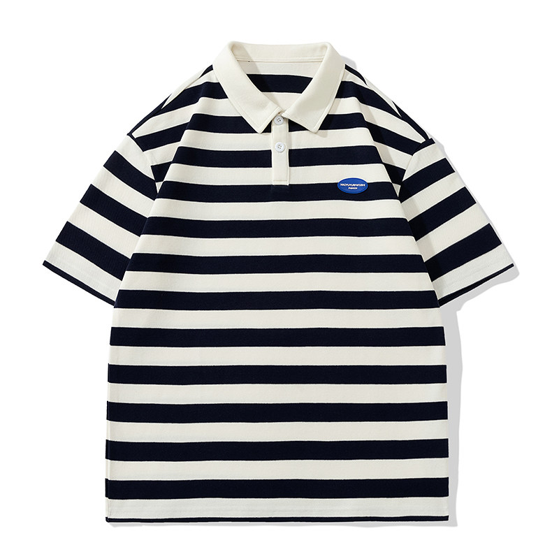 男夏季宽松服潮牌条纹港风双珠地棉短袖T恤翻领POLO衫 PL2363P40图片