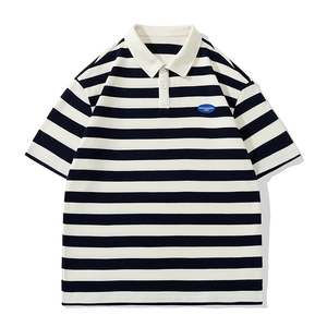 男夏季宽松服潮牌条纹港风双珠地棉短袖T恤翻领POLO衫 PL2363P40图片