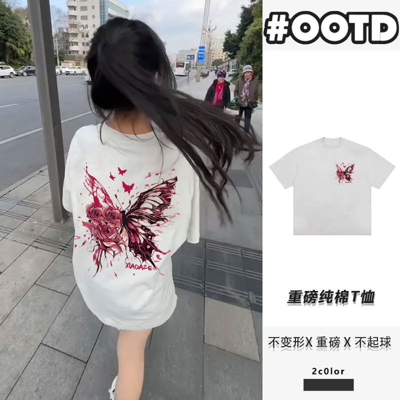 玫瑰蝴蝶印花美式纯棉高克数T恤短袖潮牌宽松重磅半袖上衣男女夏