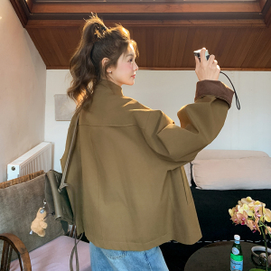 卡其色立领工装风衣外套女2025年春季新款复古高级感韩系休闲大衣图片