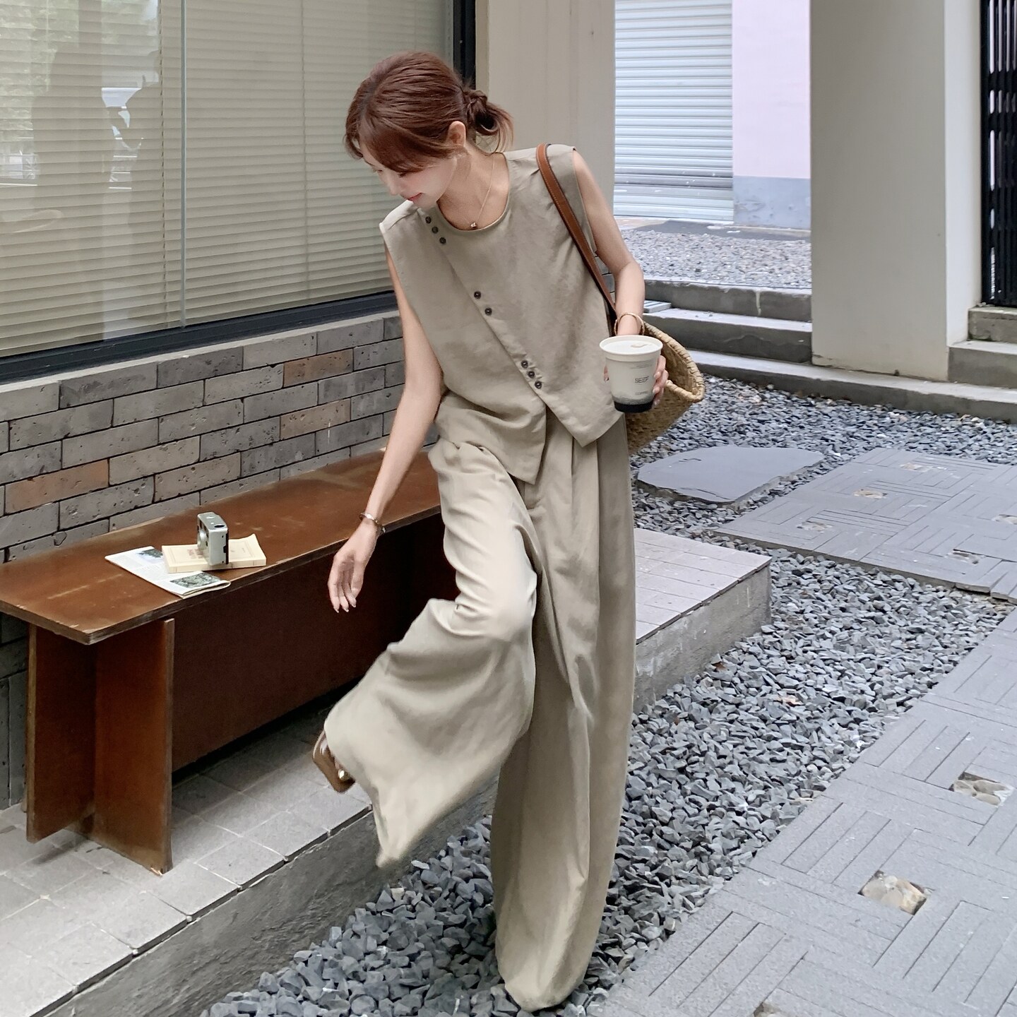 老钱风穿搭不规则无袖上衣套装女夏2025超火好看高级感长裤两件套,女装套装/套裙,浙宝169A(原263)