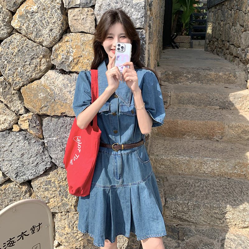 蓝色复古设计感牛仔连衣裙夏季2025新款收腰显瘦高级感小众A字裙，女装连衣裙，浙宝169A(原263)