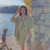 韩系宽松时尚休闲套装2025新款女夏季短袖衬衫外套阔腿短裤两件套，女装套装/套裙，浙宝169A(原263)