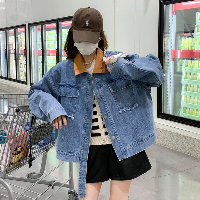 秋装新款款号2233—P130领口撞色拼接宽松牛仔外套K188,女装短外套,浙宝169A(原263)