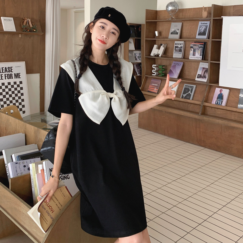韩版学院风蝴蝶结连衣裙2025夏季休闲宽松小个子T恤裙短款显瘦,女装连衣裙,浙宝169A(原263)