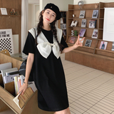 韩版学院风蝴蝶结连衣裙2025夏季休闲宽松小个子T恤裙短款显瘦，女装连衣裙，浙宝169A(原263)