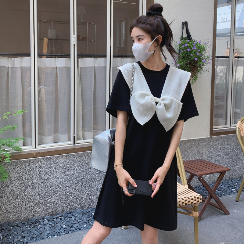 韩版学院风蝴蝶结连衣裙2025夏季休闲宽松小个子T恤裙短款显瘦,女装连衣裙,浙宝169A(原263)