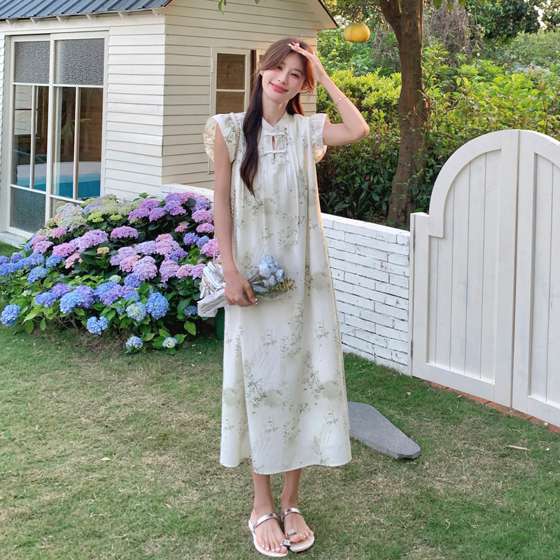 新中式国风盘扣碎花连衣裙女2025夏季新款宽松显瘦甜美小飞袖长裙,女装连衣裙,浙宝169A(原263)