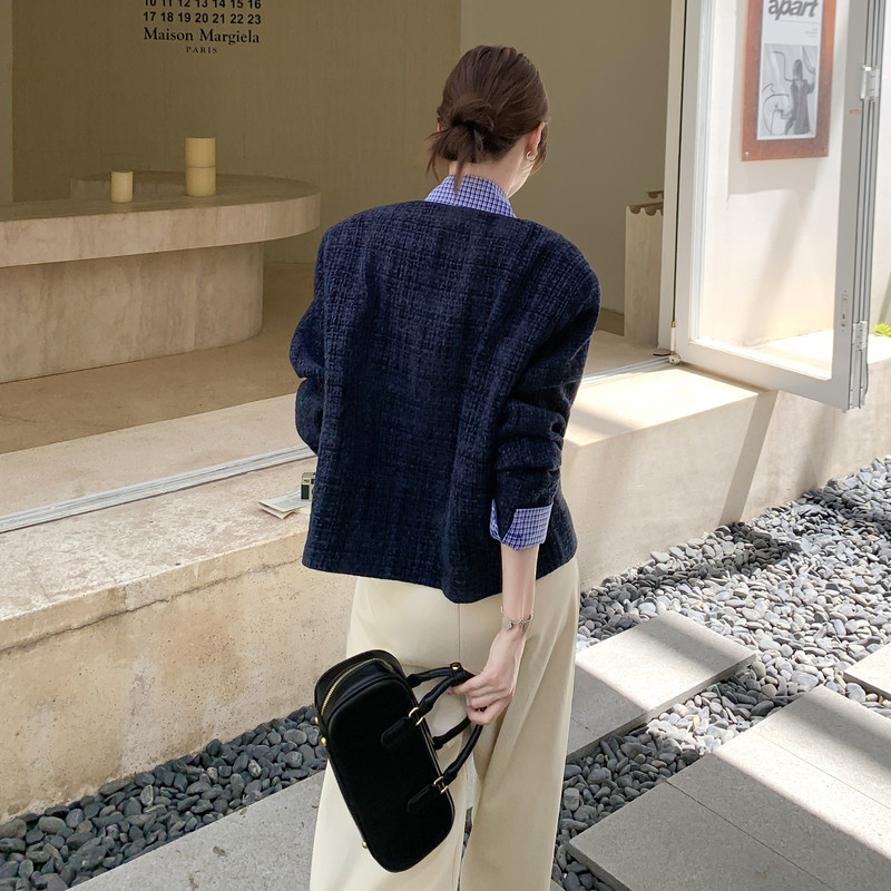 藏青色复古拼接小香风短外套女2025春秋季新款法式小个子显瘦上衣,女装套装/套裙,浙宝169A(原263)