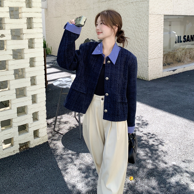 藏青色复古拼接小香风短外套女2025春秋季新款法式小个子显瘦上衣图片
